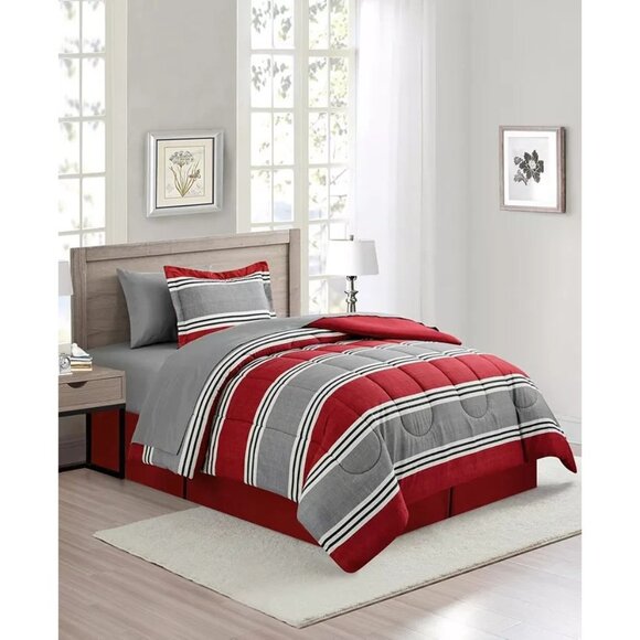 Sunham Aiden 8 Piece Comforter Set King Striped Blue MSRP $100 - Picture 1 of 7